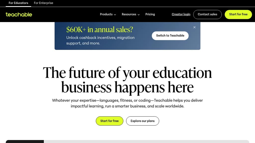 Screenshot of Teachable website