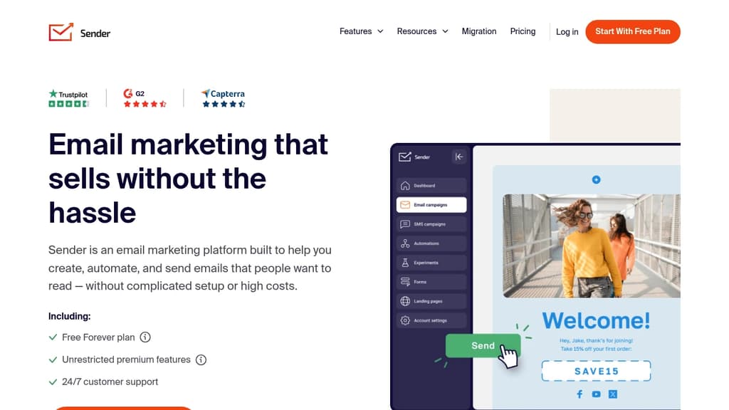 Screenshot of Sender website