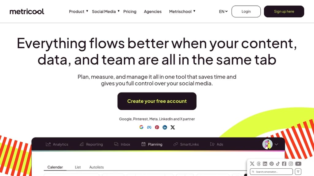 Screenshot of Metricool website