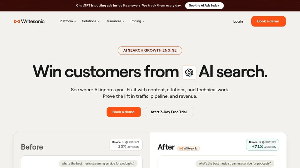 Screenshot of Writesonic website